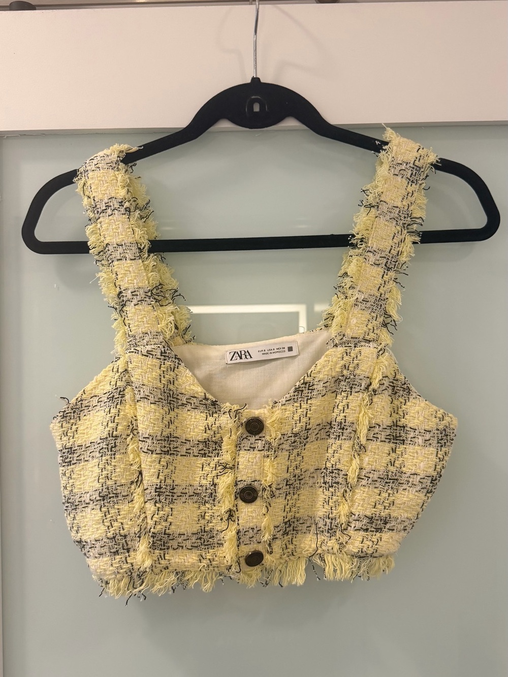 ZARA Yellow Tweed Cropped Button Tank Top with Black Accents